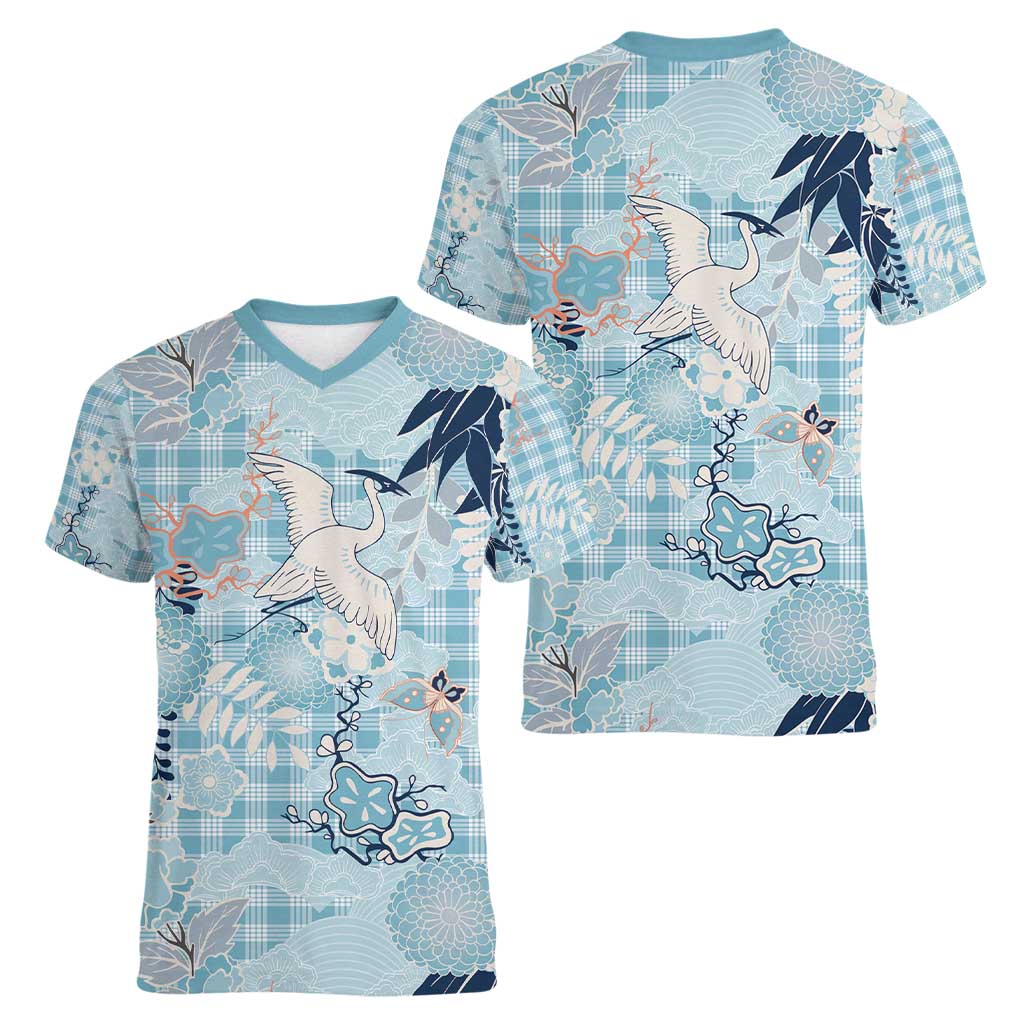 Blue Palaka Crane and Flowers Women V-Neck T-Shirt Japan Heritage Spirit - Polynesian Pride