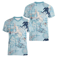 Blue Palaka Crane and Flowers Women V-Neck T-Shirt Japan Heritage Spirit - Polynesian Pride
