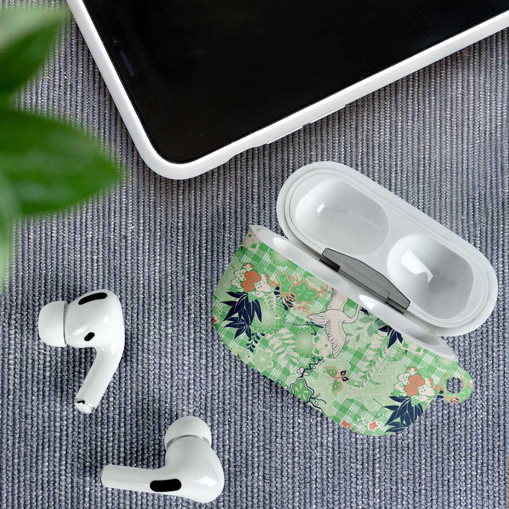 Green Palaka Crane and Flowers AirPods Case Japan Heritage Spirit - Polynesian Pride