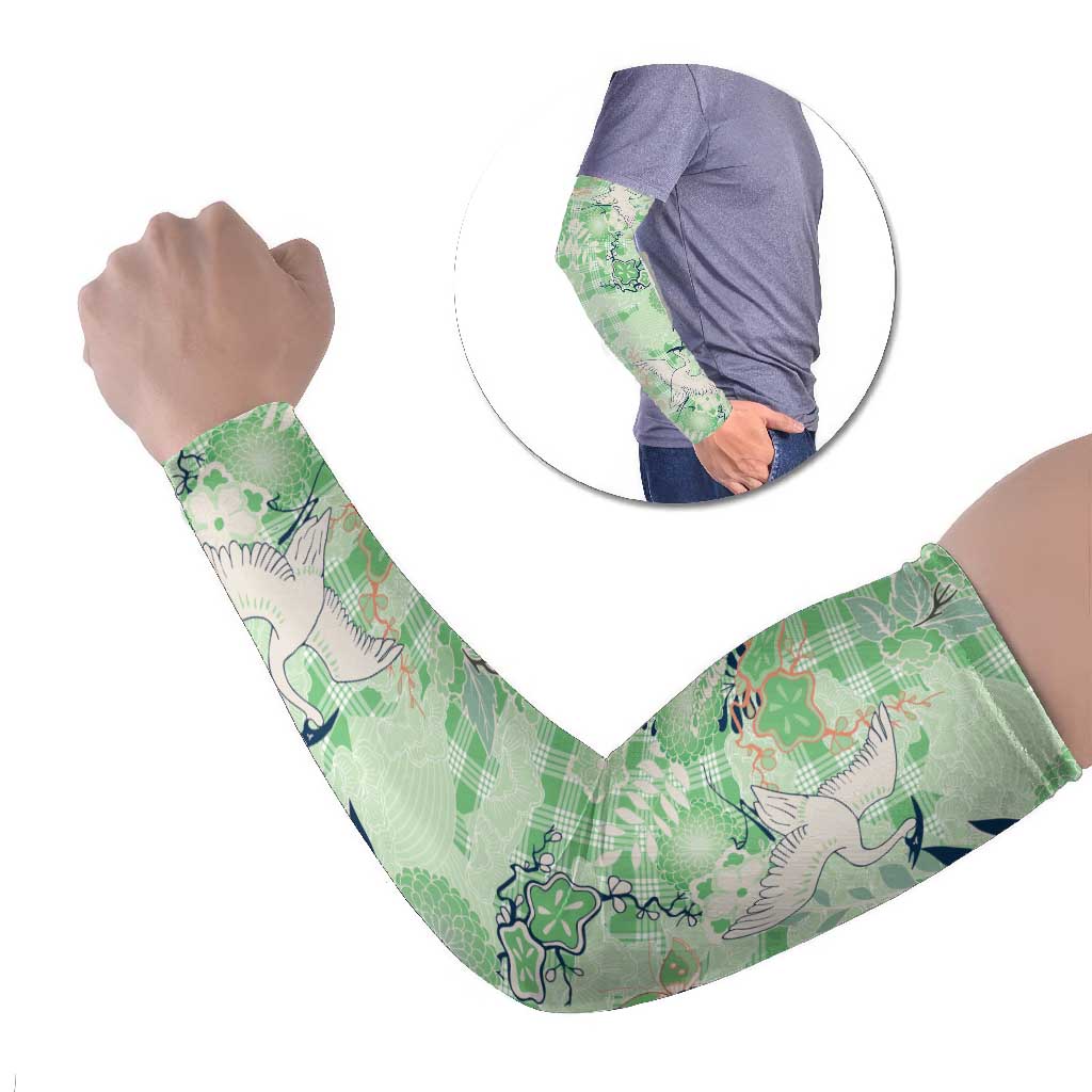 Green Palaka Crane and Flowers Arm Sleeves Japan Heritage Spirit - Polynesian Pride