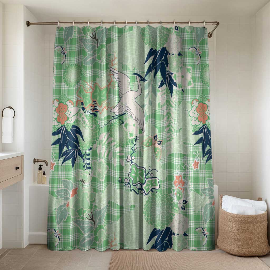 Green Palaka Crane and Flowers Bathroom Set Japan Heritage Spirit LT9 Shower Curtain Only Green - Polynesian Pride
