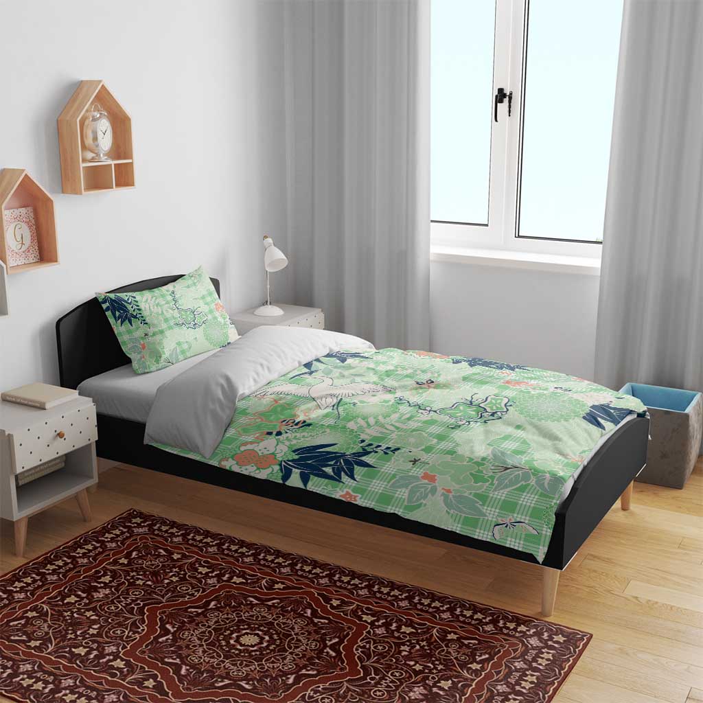 Green Palaka Crane and Flowers Bedding Set Japan Heritage Spirit - Polynesian Pride