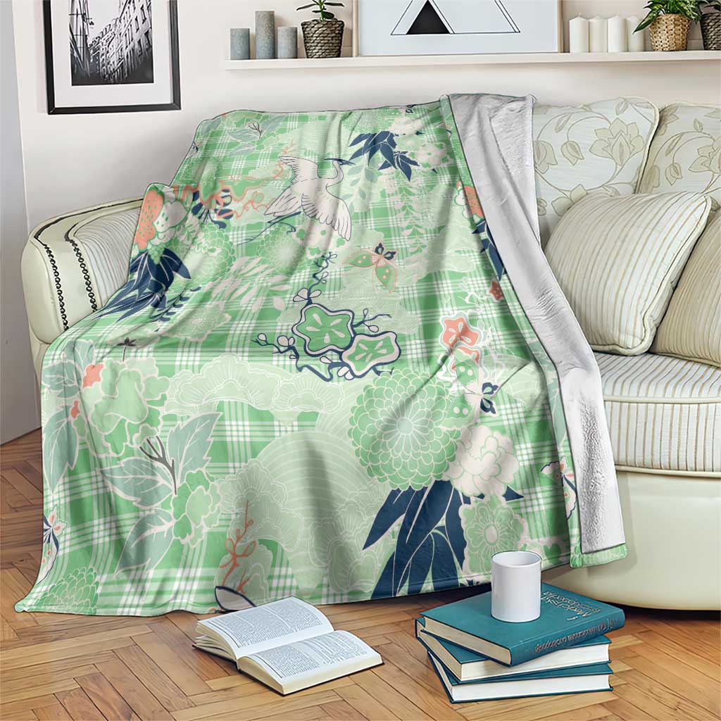 Green Palaka Crane and Flowers Blanket Japan Heritage Spirit LT9 Green - Polynesian Pride
