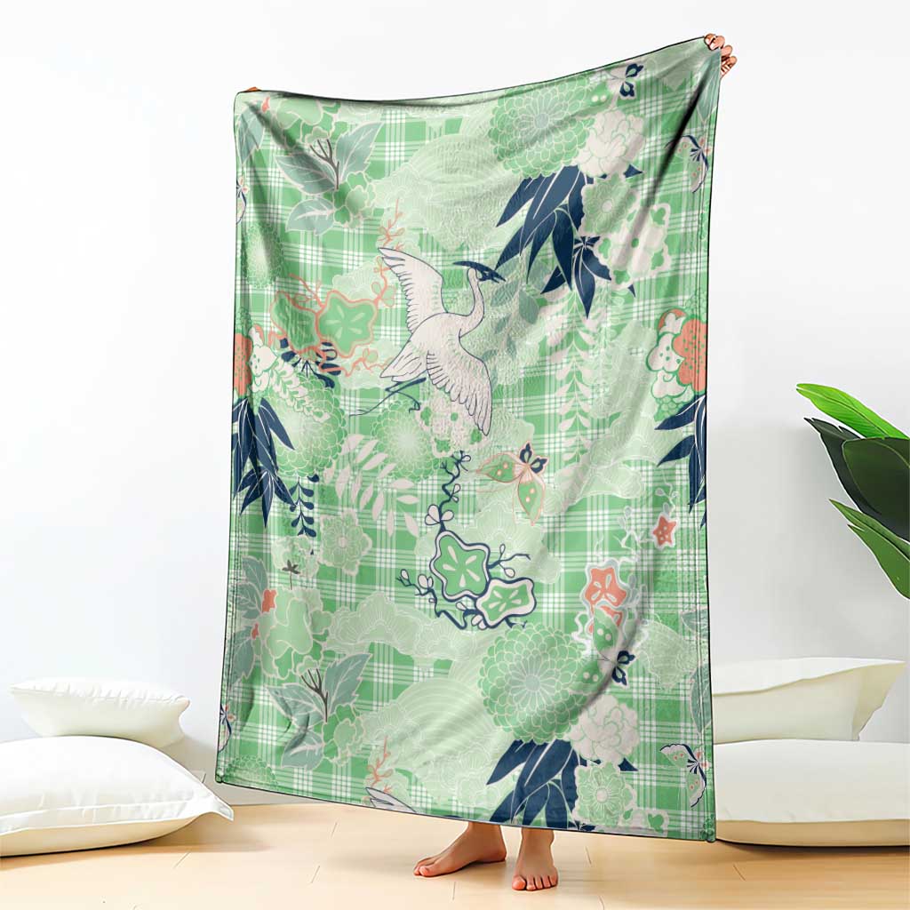 Green Palaka Crane and Flowers Blanket Japan Heritage Spirit LT9 - Polynesian Pride