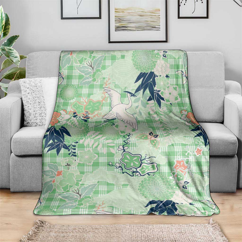 Green Palaka Crane and Flowers Blanket Japan Heritage Spirit LT9 - Polynesian Pride