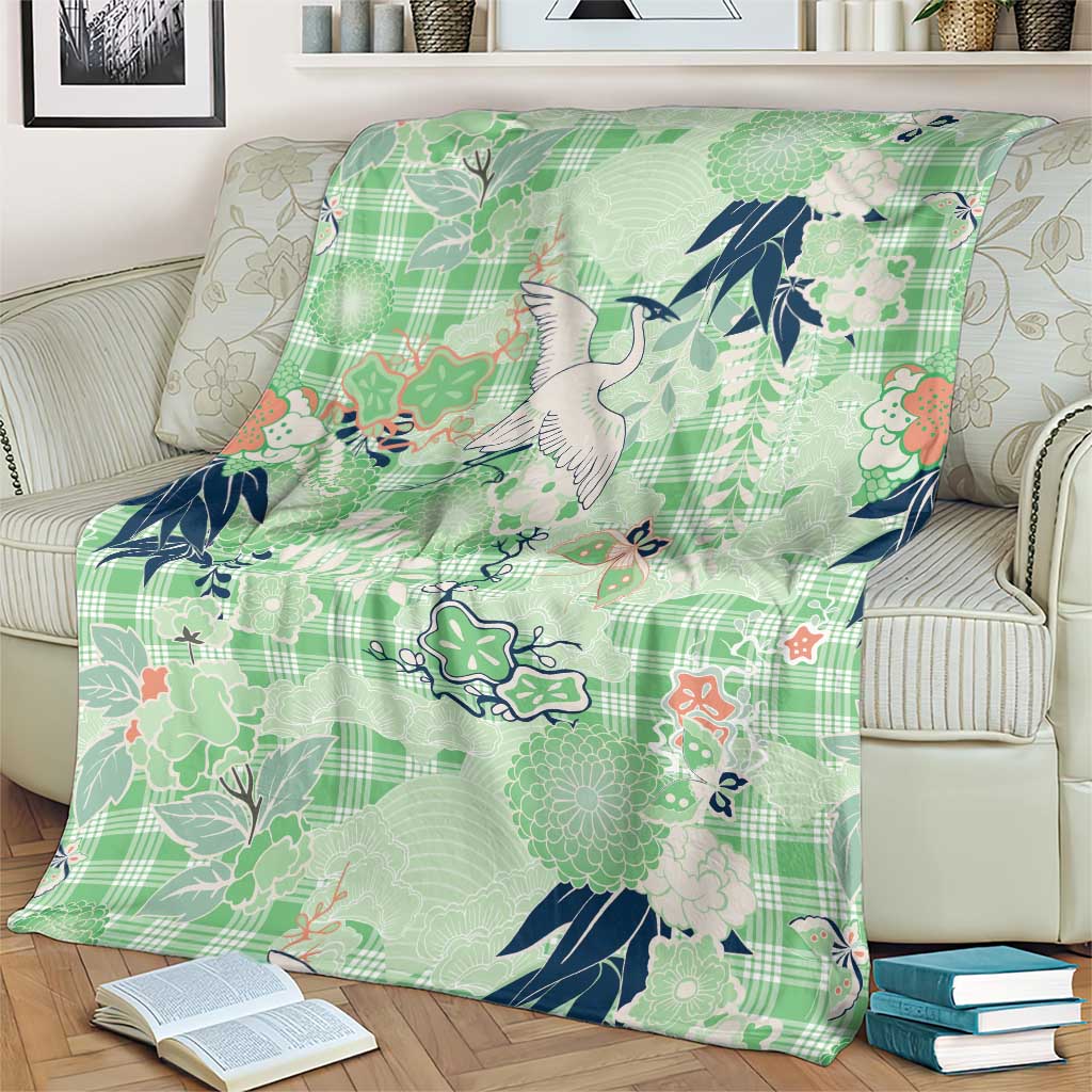 Green Palaka Crane and Flowers Blanket Japan Heritage Spirit LT9 - Polynesian Pride