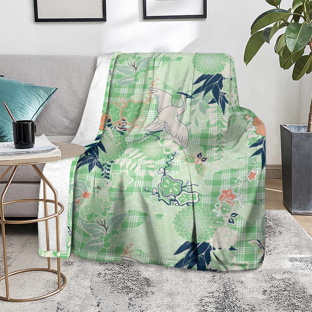 Green Palaka Crane and Flowers Blanket Japan Heritage Spirit LT9 - Polynesian Pride