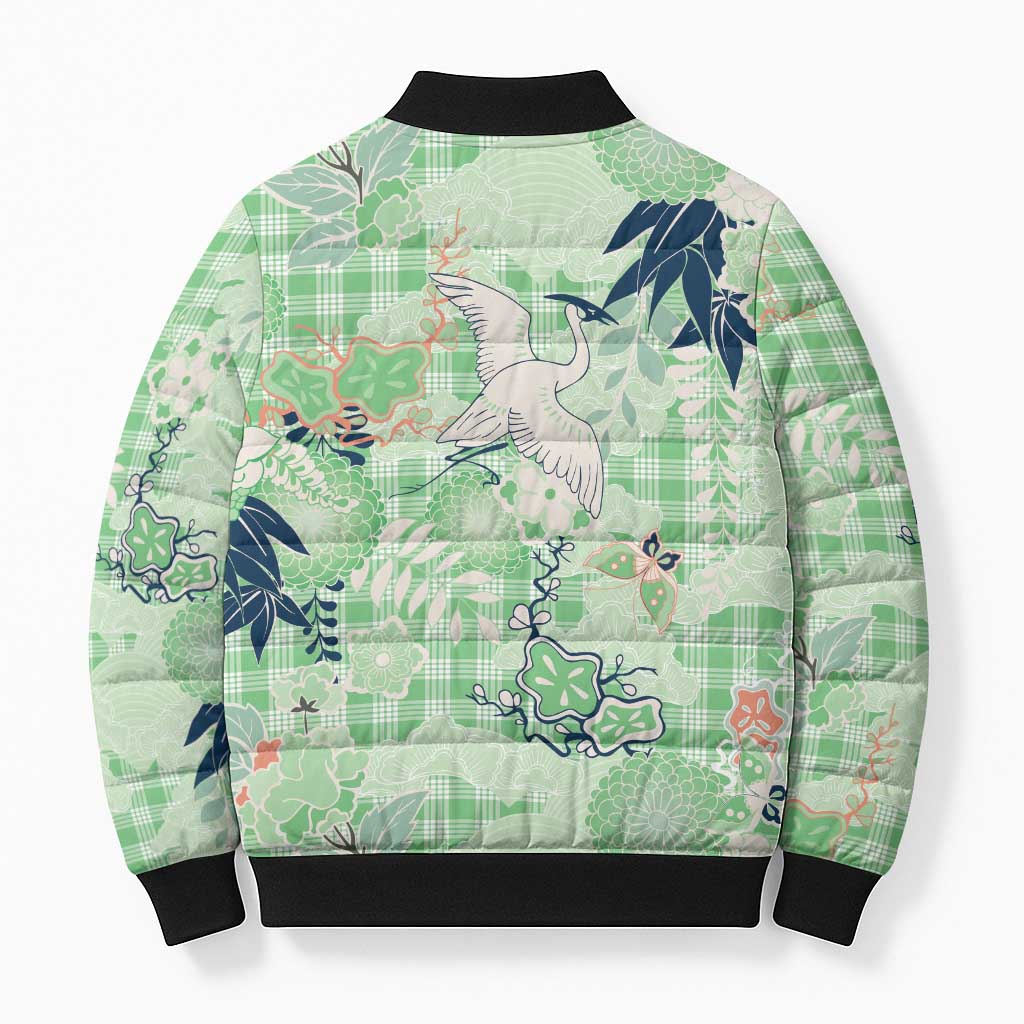 Green Palaka Crane and Flowers Bomber Puffer Jacket Japan Heritage Spirit - Polynesian Pride
