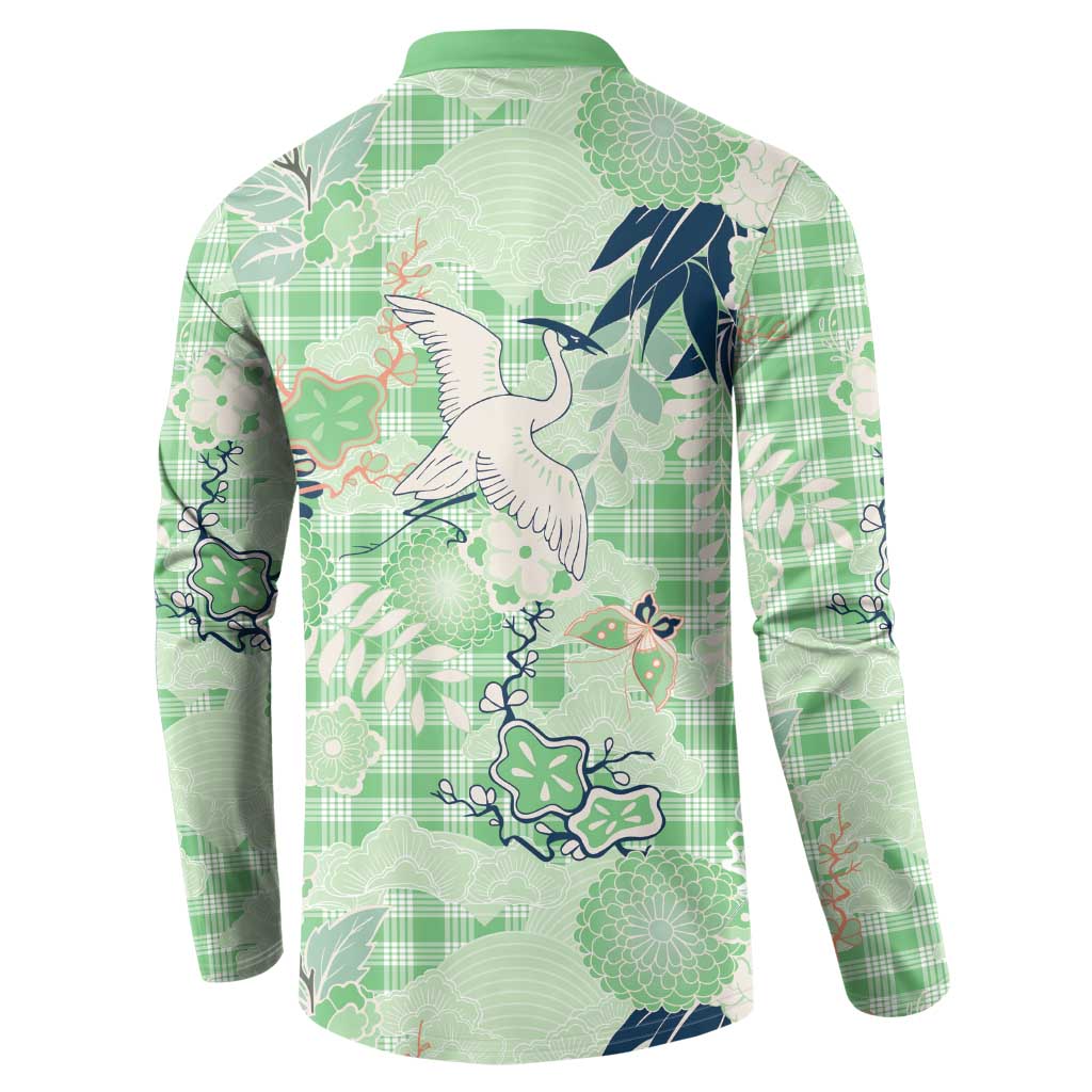 Green Palaka Crane and Flowers Button Sweatshirt Japan Heritage Spirit - Polynesian Pride