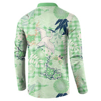 Green Palaka Crane and Flowers Button Sweatshirt Japan Heritage Spirit - Polynesian Pride