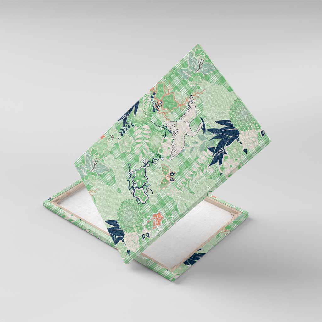 Green Palaka Crane and Flowers Canvas Wall Art Japan Heritage Spirit - Polynesian Pride