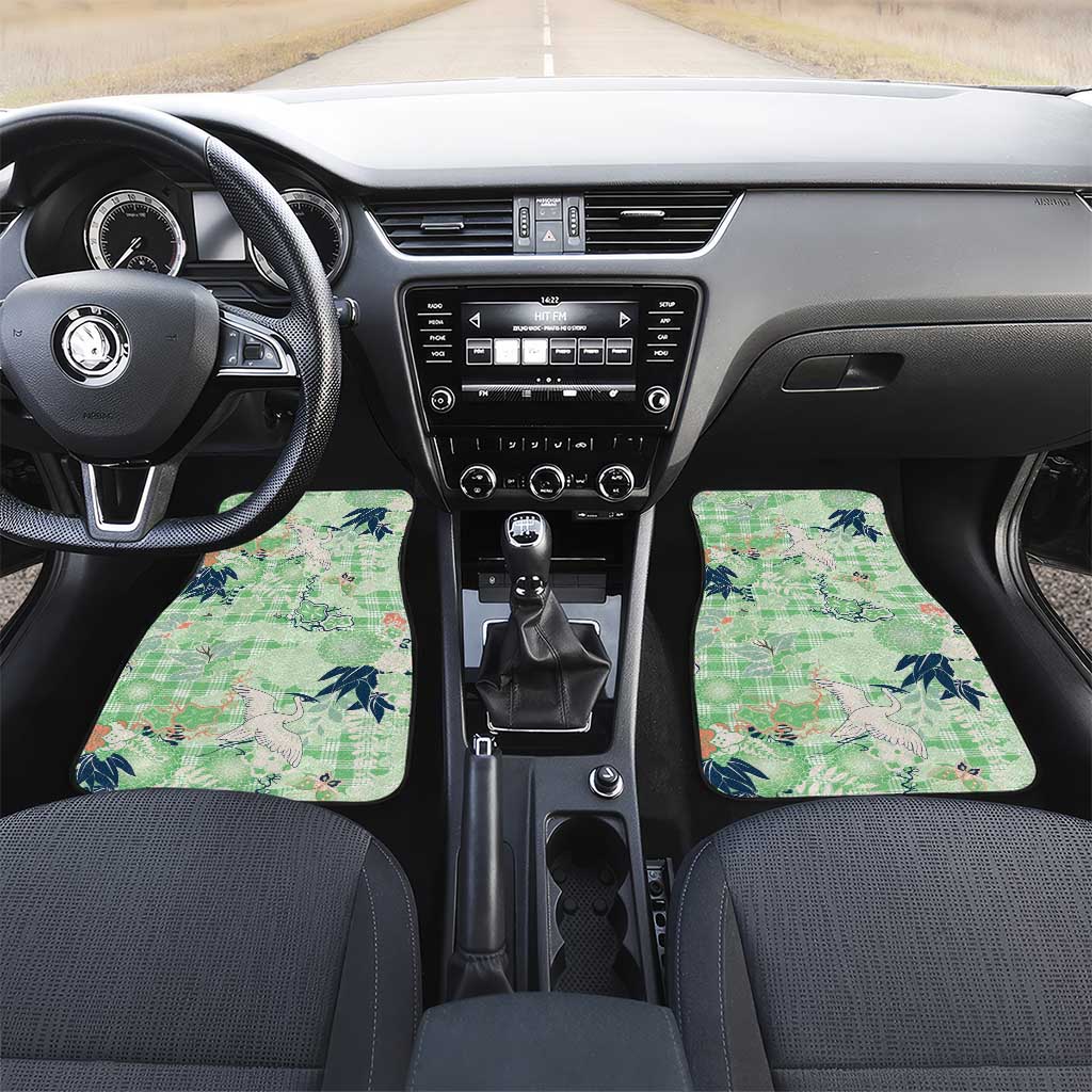 Green Palaka Crane and Flowers Car Mats Japan Heritage Spirit - Polynesian Pride