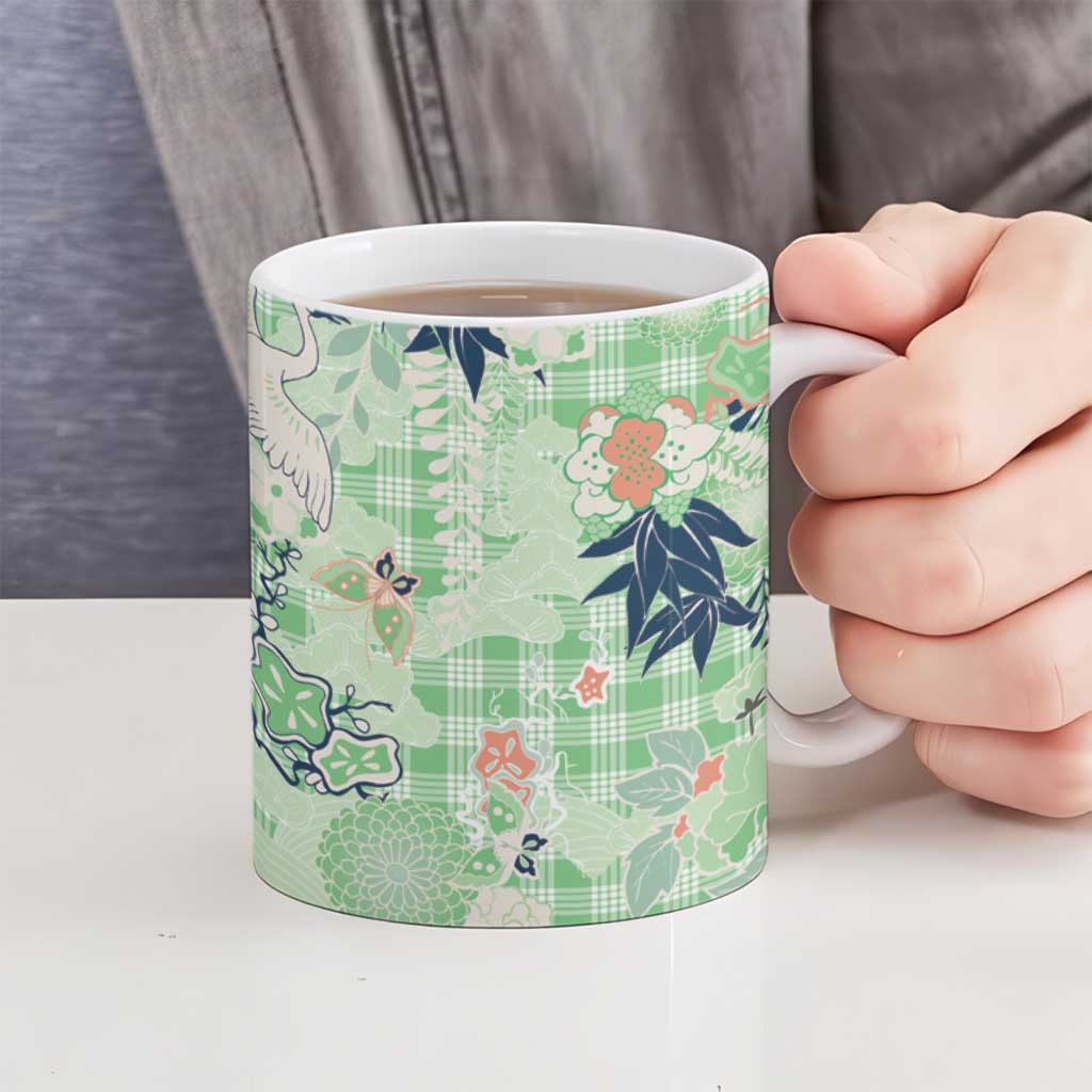 Green Palaka Crane and Flowers Ceramic Mug Japan Heritage Spirit - Polynesian Pride