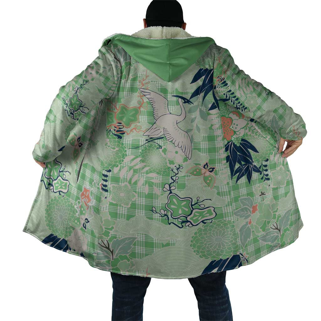 Green Palaka Crane and Flowers Cloak Japan Heritage Spirit LT9 - Polynesian Pride
