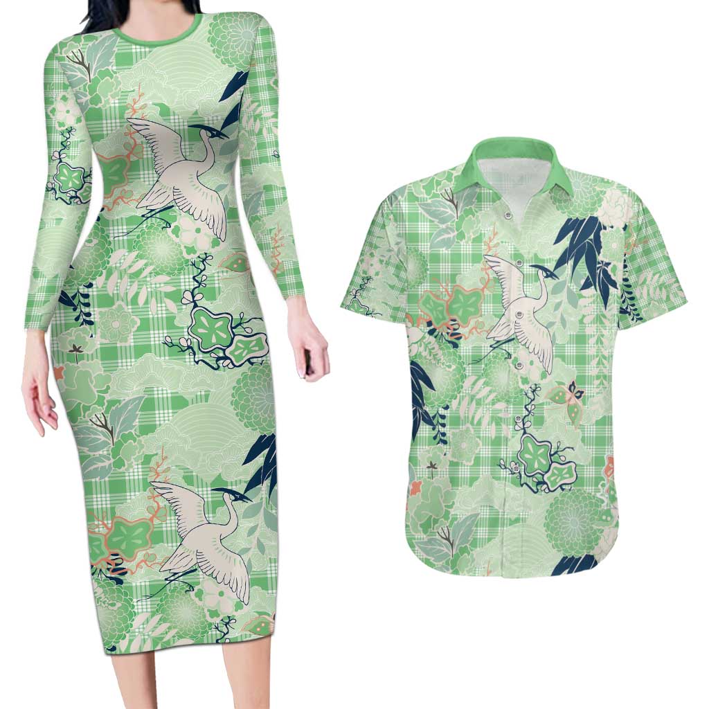 Green Palaka Crane and Flowers Couples Matching Long Sleeve Bodycon Dress and Hawaiian Shirt Japan Heritage Spirit LT9 Green - Polynesian Pride