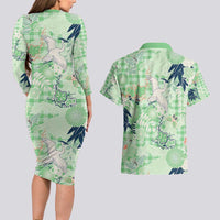 Green Palaka Crane and Flowers Couples Matching Long Sleeve Bodycon Dress and Hawaiian Shirt Japan Heritage Spirit LT9 - Polynesian Pride