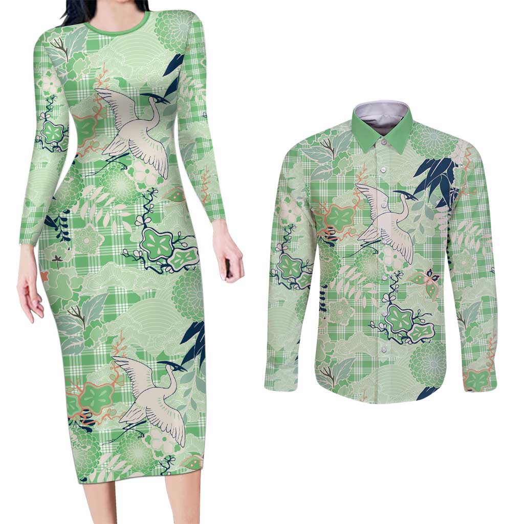 Green Palaka Crane and Flowers Couples Matching Long Sleeve Bodycon Dress and Long Sleeve Button Shirt Japan Heritage Spirit LT9 Green - Polynesian Pride