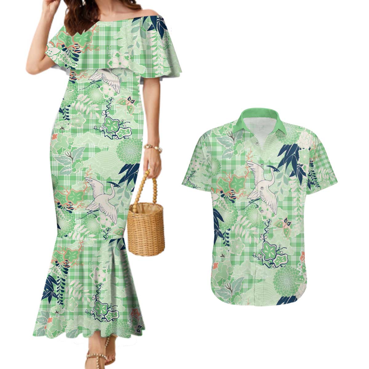 Green Palaka Crane and Flowers Couples Matching Mermaid Dress and Hawaiian Shirt Japan Heritage Spirit LT9 Green - Polynesian Pride