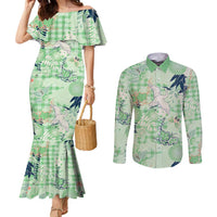 Green Palaka Crane and Flowers Couples Matching Mermaid Dress and Long Sleeve Button Shirt Japan Heritage Spirit LT9 Green - Polynesian Pride