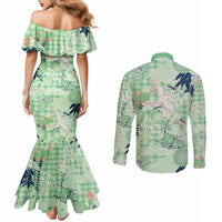 Green Palaka Crane and Flowers Couples Matching Mermaid Dress and Long Sleeve Button Shirt Japan Heritage Spirit LT9 - Polynesian Pride
