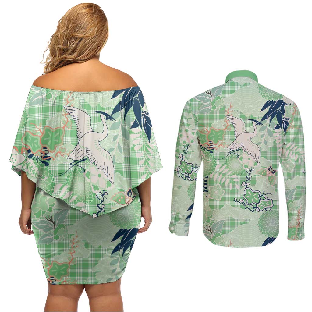Green Palaka Crane and Flowers Couples Matching Off Shoulder Short Dress and Long Sleeve Button Shirt Japan Heritage Spirit LT9 - Polynesian Pride
