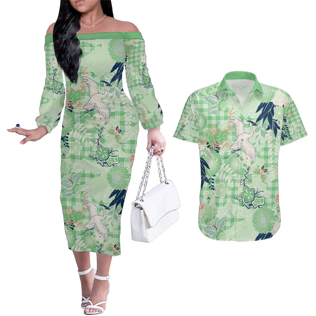 Green Palaka Crane and Flowers Couples Matching Off The Shoulder Long Sleeve Dress and Hawaiian Shirt Japan Heritage Spirit LT9 Green - Polynesian Pride