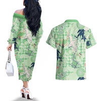Green Palaka Crane and Flowers Couples Matching Off The Shoulder Long Sleeve Dress and Hawaiian Shirt Japan Heritage Spirit LT9 - Polynesian Pride