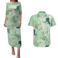 Green Palaka Crane and Flowers Couples Matching Puletasi and Hawaiian Shirt Japan Heritage Spirit LT9 Green - Polynesian Pride