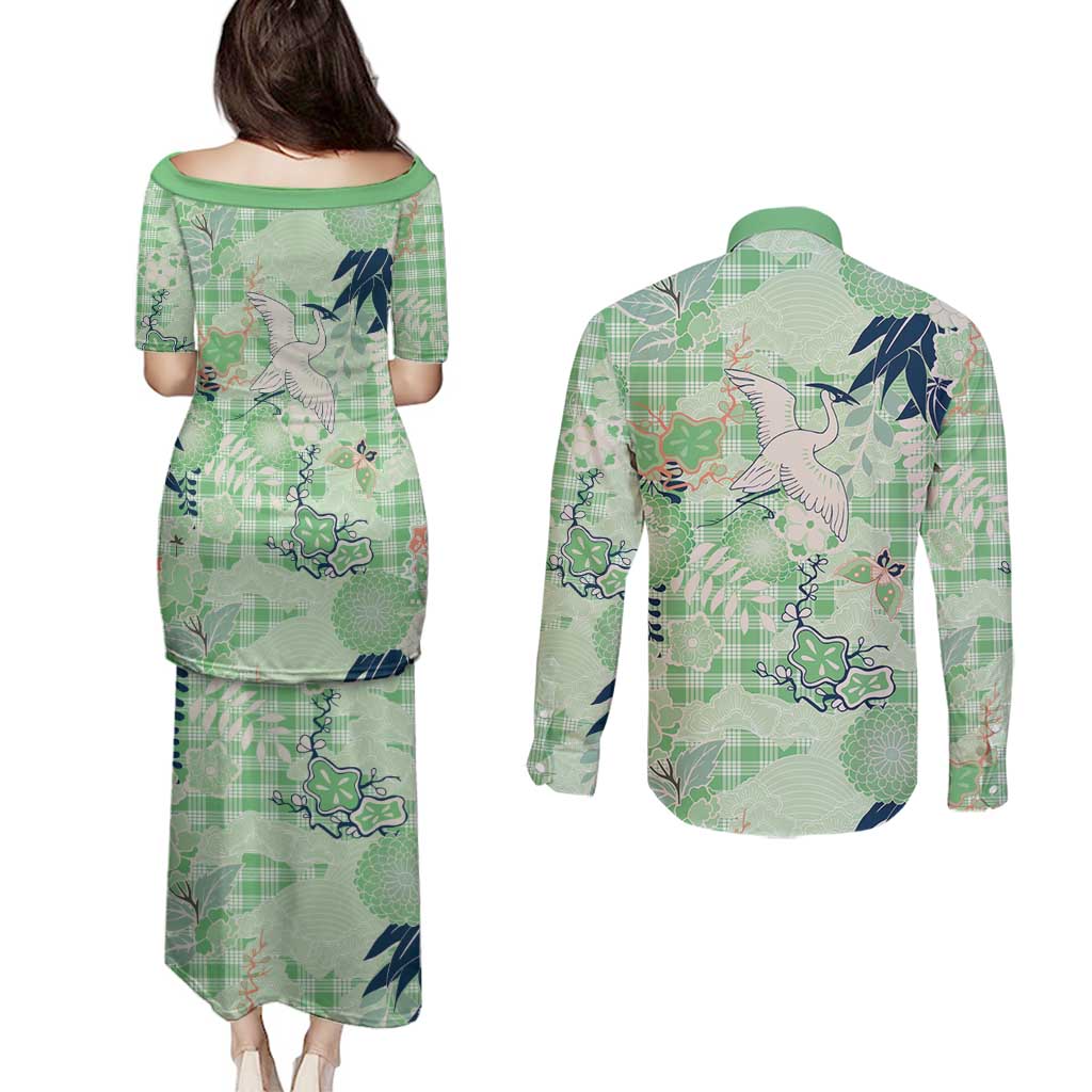 Green Palaka Crane and Flowers Couples Matching Puletasi and Long Sleeve Button Shirt Japan Heritage Spirit - Polynesian Pride