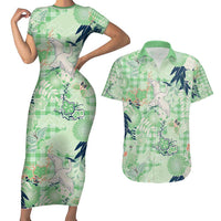 Green Palaka Crane and Flowers Couples Matching Short Sleeve Bodycon Dress and Hawaiian Shirt Japan Heritage Spirit LT9 Green - Polynesian Pride