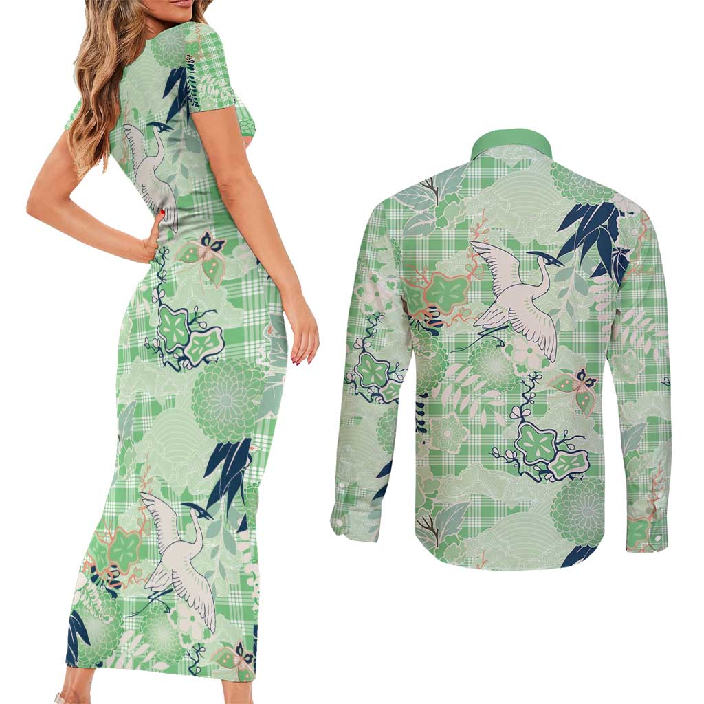 Green Palaka Crane and Flowers Couples Matching Short Sleeve Bodycon Dress and Long Sleeve Button Shirt Japan Heritage Spirit LT9 - Polynesian Pride