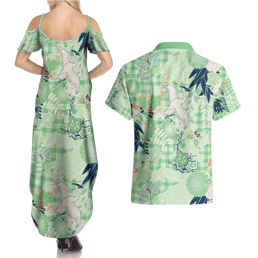 Green Palaka Crane and Flowers Couples Matching Summer Maxi Dress and Hawaiian Shirt Japan Heritage Spirit LT9 - Polynesian Pride