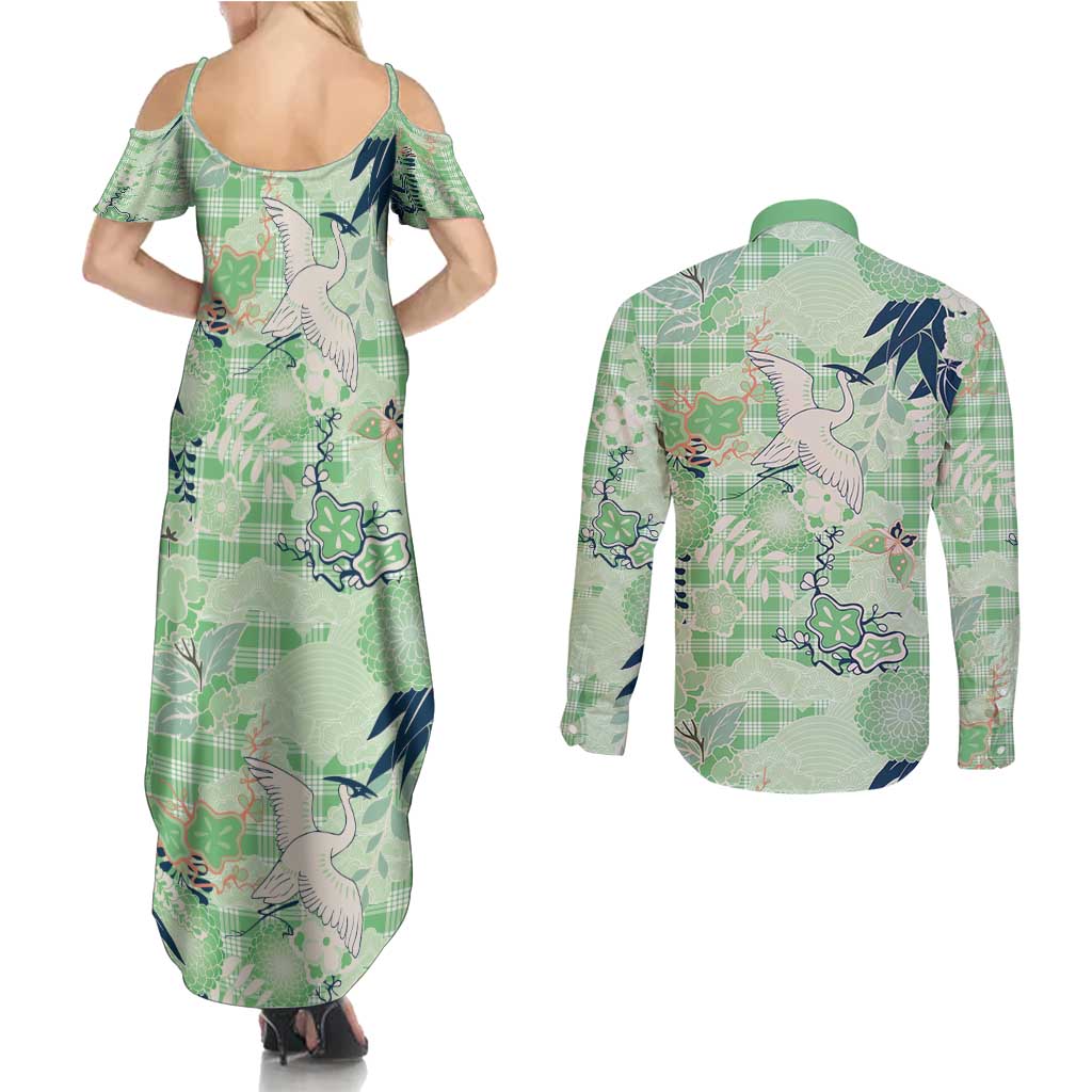 Green Palaka Crane and Flowers Couples Matching Summer Maxi Dress and Long Sleeve Button Shirt Japan Heritage Spirit LT9 - Polynesian Pride