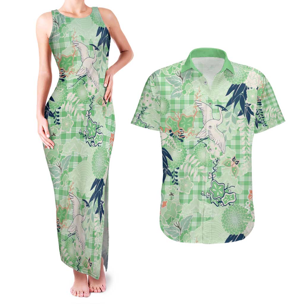Green Palaka Crane and Flowers Couples Matching Tank Maxi Dress and Hawaiian Shirt Japan Heritage Spirit LT9 Green - Polynesian Pride