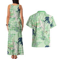 Green Palaka Crane and Flowers Couples Matching Tank Maxi Dress and Hawaiian Shirt Japan Heritage Spirit LT9 - Polynesian Pride