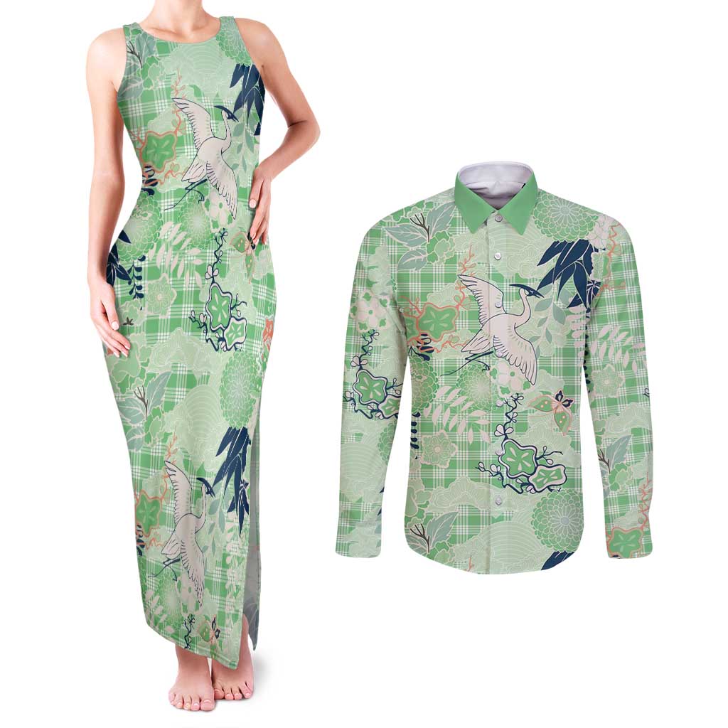 Green Palaka Crane and Flowers Couples Matching Tank Maxi Dress and Long Sleeve Button Shirt Japan Heritage Spirit LT9 Green - Polynesian Pride