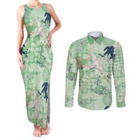 Green Palaka Crane and Flowers Couples Matching Tank Maxi Dress and Long Sleeve Button Shirt Japan Heritage Spirit LT9 Green - Polynesian Pride