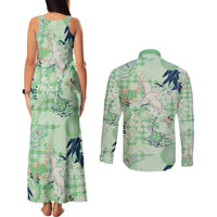 Green Palaka Crane and Flowers Couples Matching Tank Maxi Dress and Long Sleeve Button Shirt Japan Heritage Spirit LT9 - Polynesian Pride