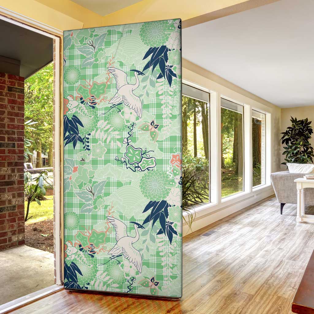 Green Palaka Crane and Flowers Door Cover Japan Heritage Spirit - Polynesian Pride