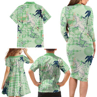 Green Palaka Crane and Flowers Family Matching Long Sleeve Bodycon Dress and Hawaiian Shirt Japan Heritage Spirit LT9 - Polynesian Pride