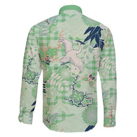 Green Palaka Crane and Flowers Family Matching Long Sleeve Bodycon Dress and Hawaiian Shirt Japan Heritage Spirit LT9 - Polynesian Pride