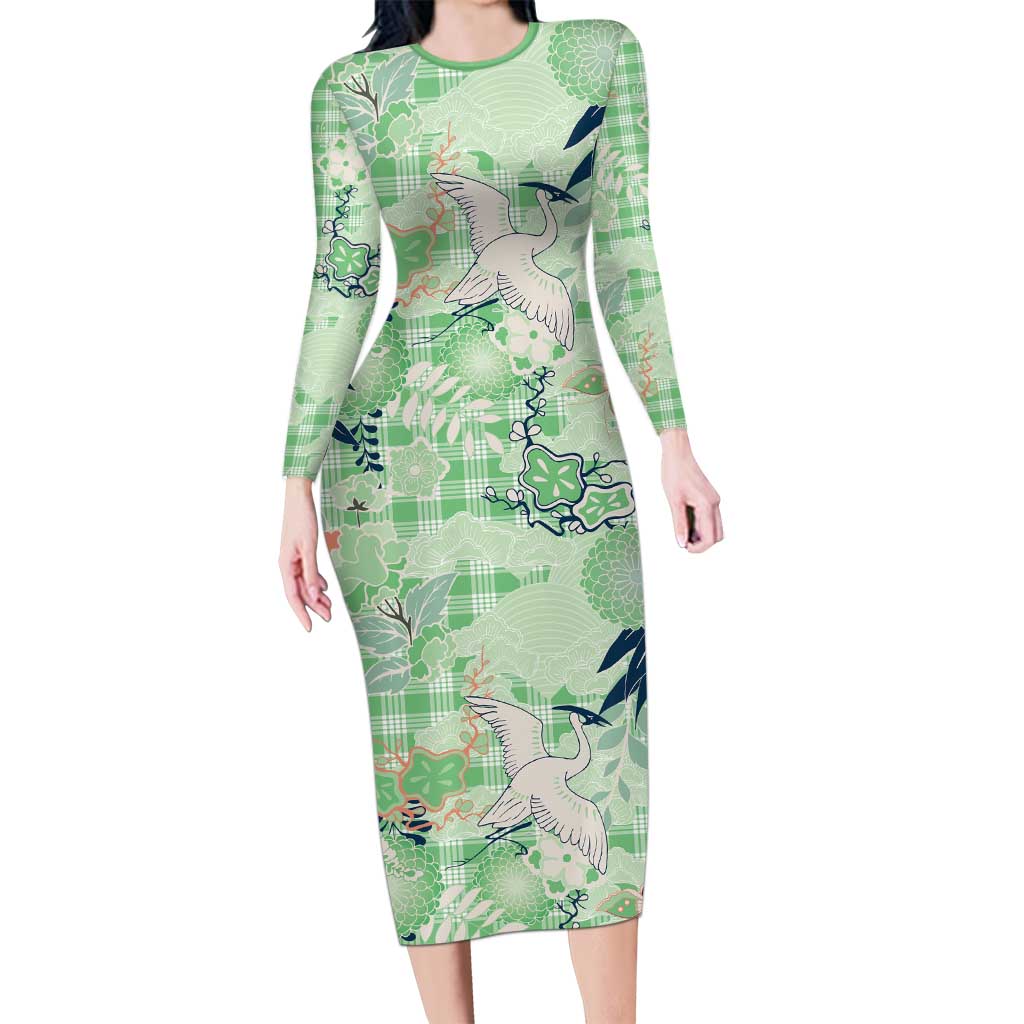 Green Palaka Crane and Flowers Family Matching Long Sleeve Bodycon Dress and Hawaiian Shirt Japan Heritage Spirit LT9 Mom's Dress Green - Polynesian Pride