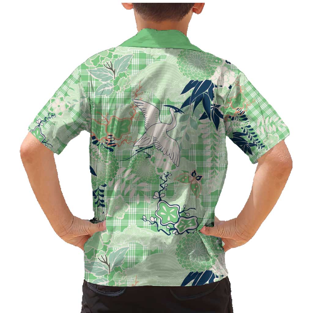 Green Palaka Crane and Flowers Family Matching Mermaid Dress and Hawaiian Shirt Japan Heritage Spirit LT9 - Polynesian Pride