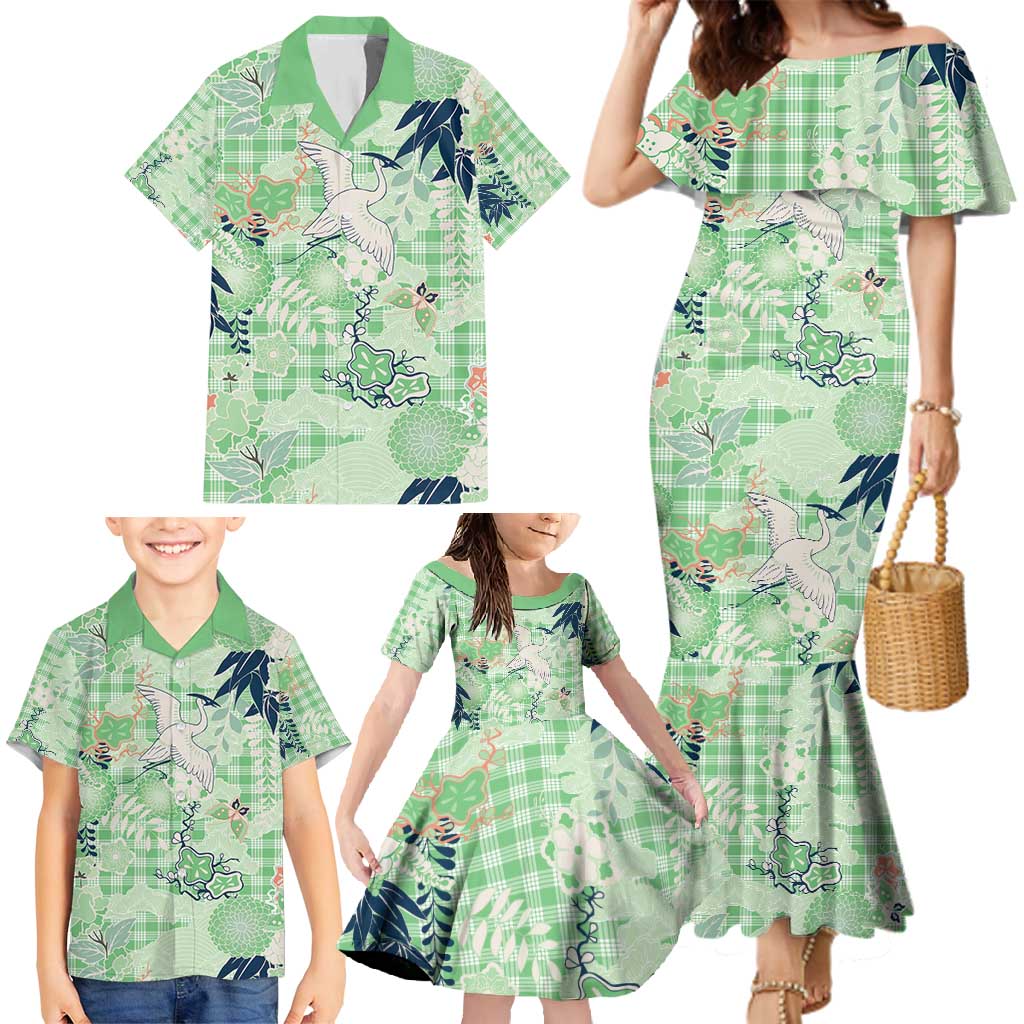 Green Palaka Crane and Flowers Family Matching Mermaid Dress and Hawaiian Shirt Japan Heritage Spirit LT9 - Polynesian Pride