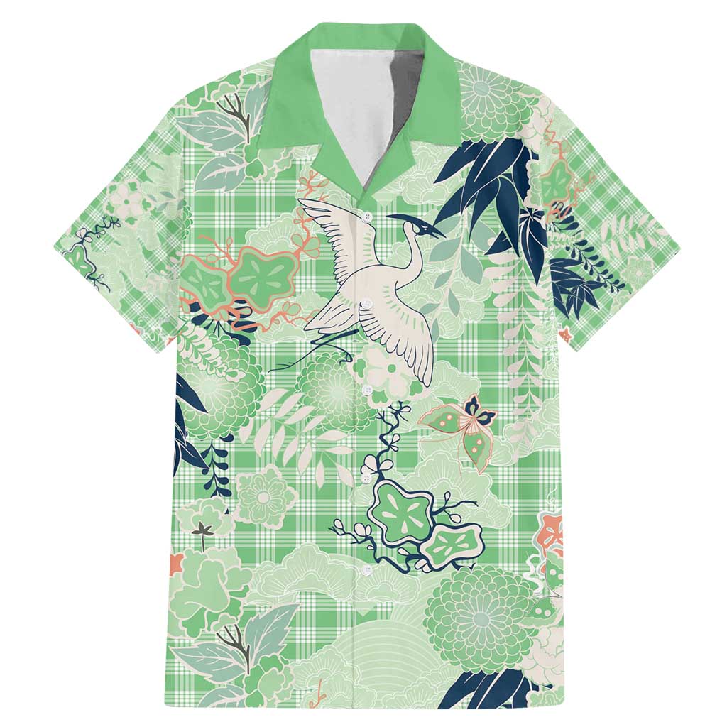 Green Palaka Crane and Flowers Family Matching Mermaid Dress and Hawaiian Shirt Japan Heritage Spirit LT9 Dad's Shirt - Short Sleeve Green - Polynesian Pride