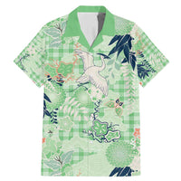 Green Palaka Crane and Flowers Family Matching Mermaid Dress and Hawaiian Shirt Japan Heritage Spirit LT9 Dad's Shirt - Short Sleeve Green - Polynesian Pride