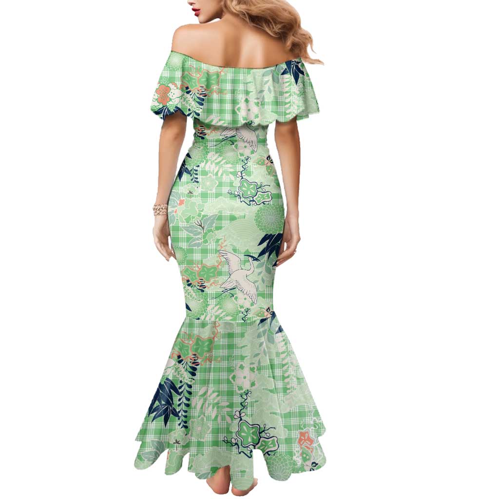 Green Palaka Crane and Flowers Family Matching Mermaid Dress and Hawaiian Shirt Japan Heritage Spirit LT9 - Polynesian Pride