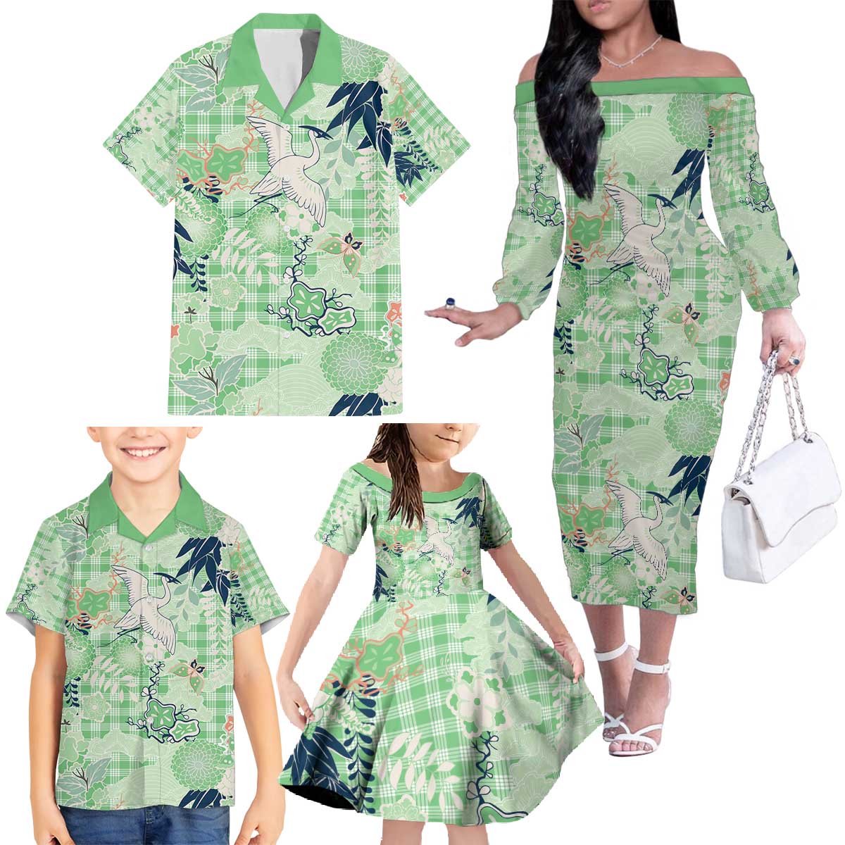 Green Palaka Crane and Flowers Family Matching Off The Shoulder Long Sleeve Dress and Hawaiian Shirt Japan Heritage Spirit LT9 - Polynesian Pride