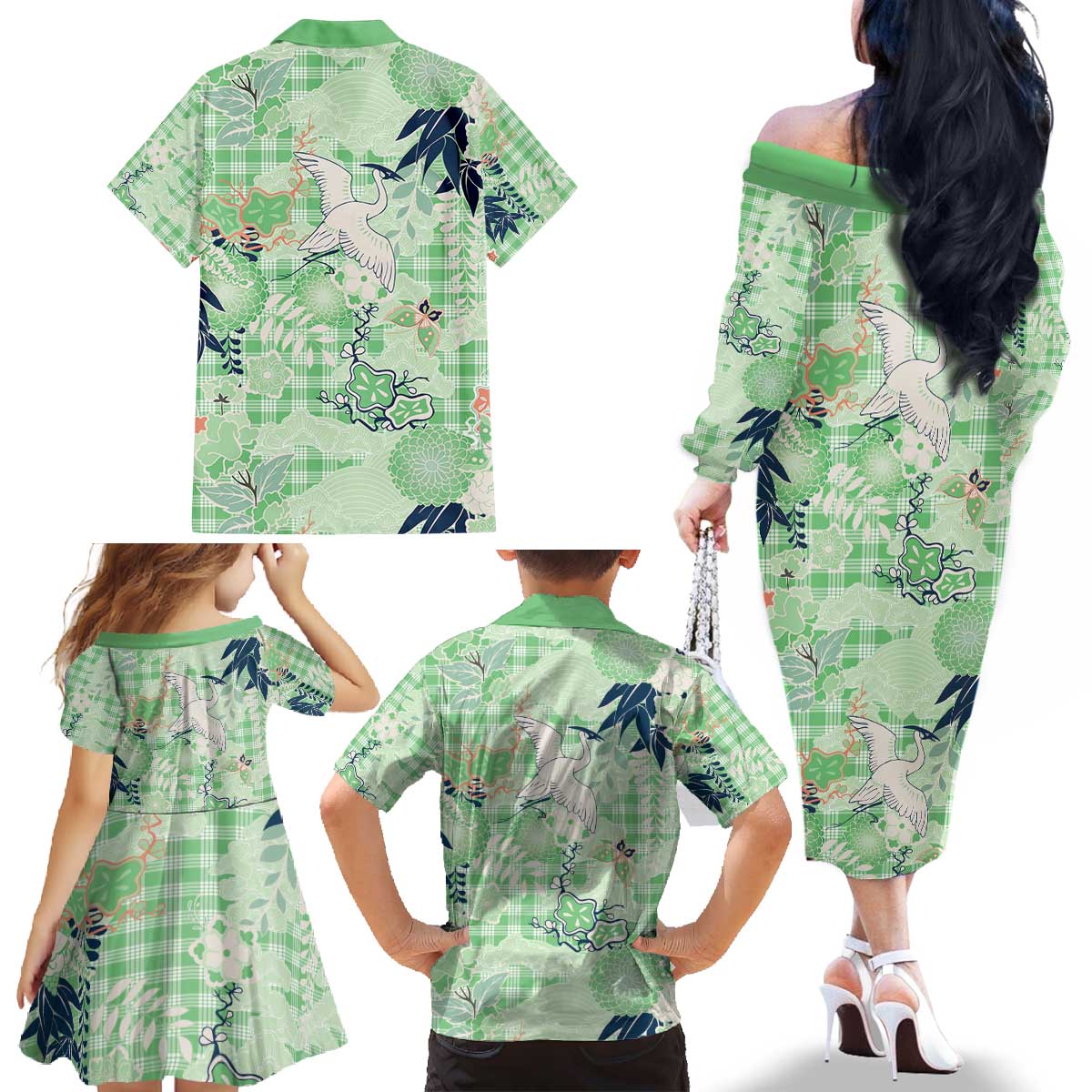 Green Palaka Crane and Flowers Family Matching Off The Shoulder Long Sleeve Dress and Hawaiian Shirt Japan Heritage Spirit LT9 - Polynesian Pride