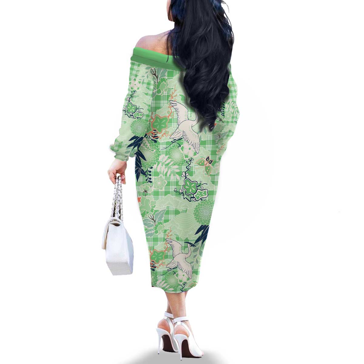 Green Palaka Crane and Flowers Family Matching Off The Shoulder Long Sleeve Dress and Hawaiian Shirt Japan Heritage Spirit LT9 - Polynesian Pride